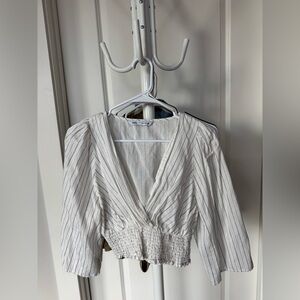 ZARA White Pinstripe V-Neck Smocked Waist Blouse